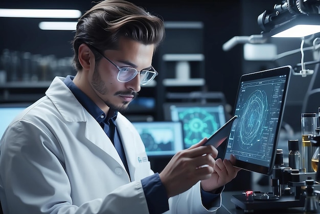 Shot of a young scientist using a digital tablet in his lab created with generative ai