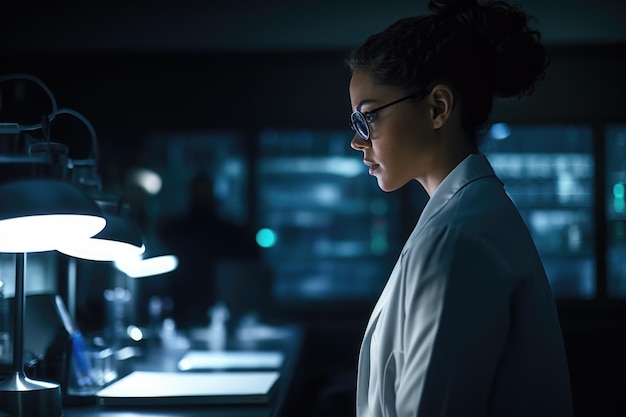 Foto scatto di una giovane scienziata che lavora da sola nel suo laboratorio creato con l'ia generativa