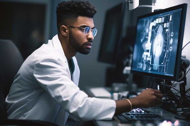 Shot of a young scientist working on a computer in his lab created with generative ai