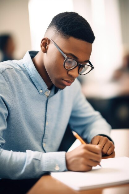 Foto inquadratura di un giovane studente che scrive appunti mentre è seduto in classe