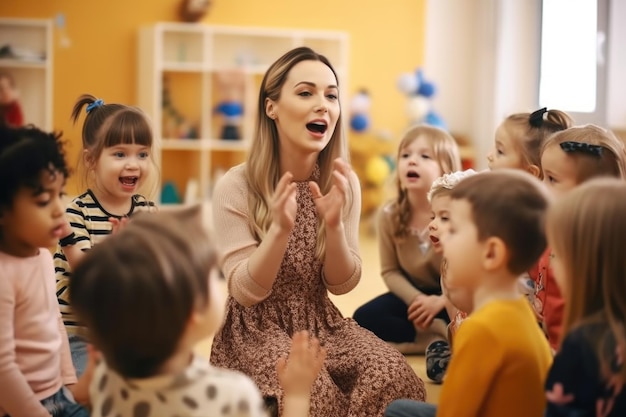 Shot of a young teacher singing nursery rhymes to her preschool students created with generative ai