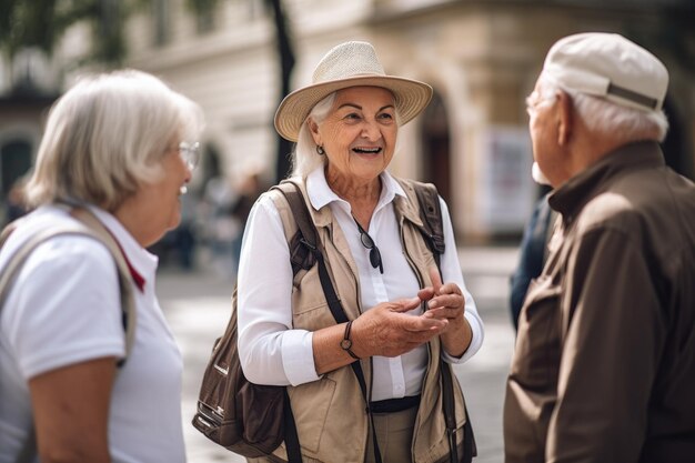 Foto fotografia di una giovane guida turistica che parla con i suoi clienti più anziani creata con l'ai generativa