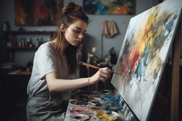 Снимка молодой женщины-художника, рисующей на холсте в художественном и ремесленном искусстве