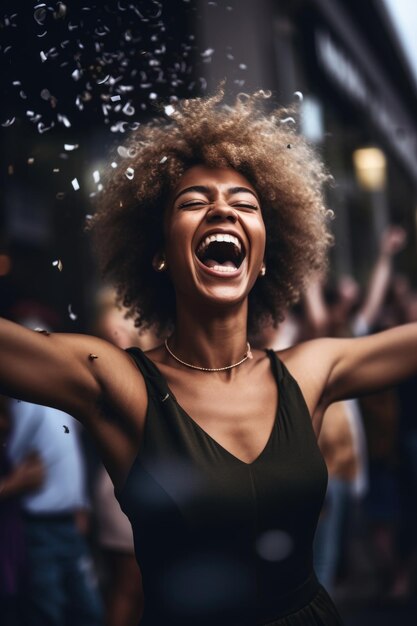 Shot of a young woman celebrating after winning a contest created with generative ai