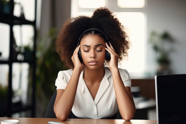 Shot of a young woman covering her ears with a headset in a home office