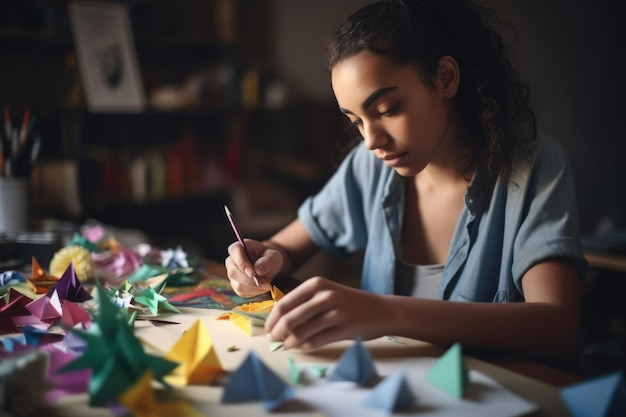 Photo shot of a young woman crafting with paper created with generative ai