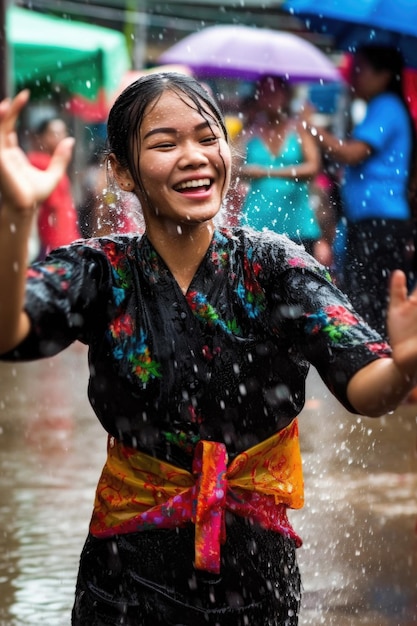 생성 AI로 만든 태국 송크란에서 물과 춤추는 젊은 여성의 사진