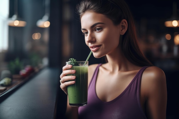 Shot of a young woman drinking a smoothie created with generative ai