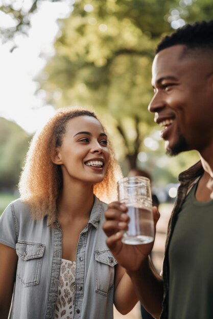 Shot of a young woman drinking water while out on a walk with her husband created with generative ai