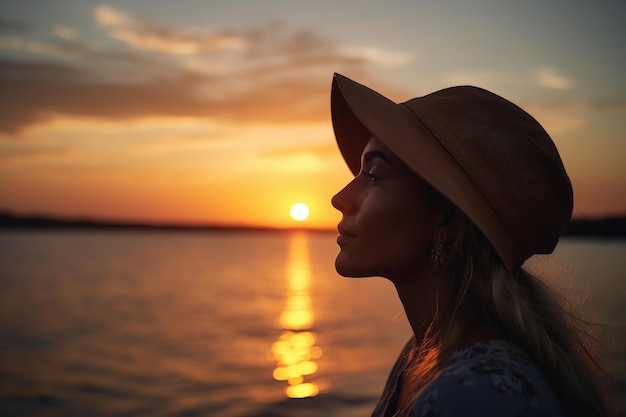 Shot of a young woman enjoying the sunset on holiday created with generative ai