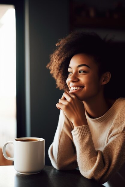 家で温かい飲み物を楽しんでいる若い女性のショット