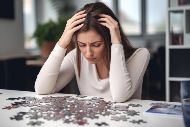 Foto fotografia di una giovane donna che subisce stress mentre lavora su un puzzle