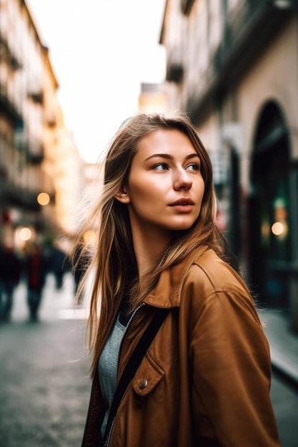 Shot of a young woman exploring the city created with generative ai