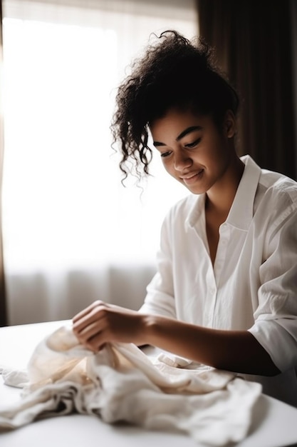 Shot of a young woman folding clothes at home created with generative ai