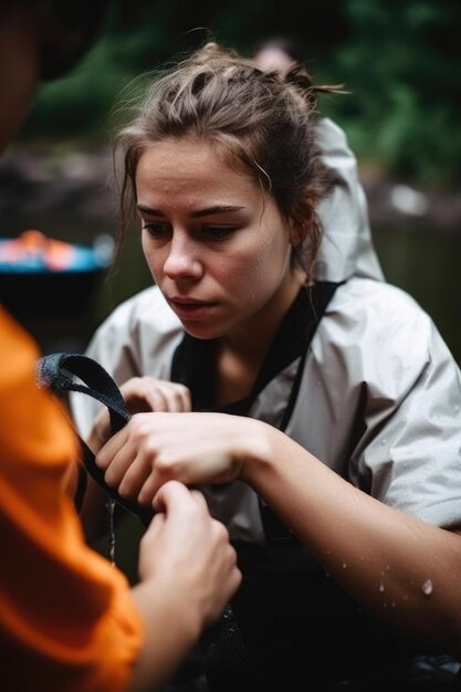 Shot of a young woman getting help putting on her canoeing equipment created with generative ai