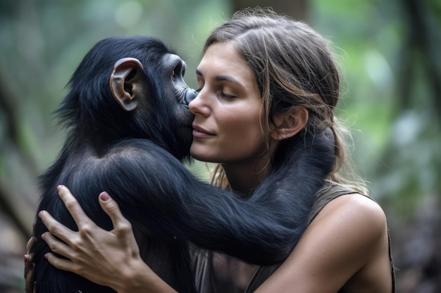 Shot of a young woman giving her chimpanzee friend a hug