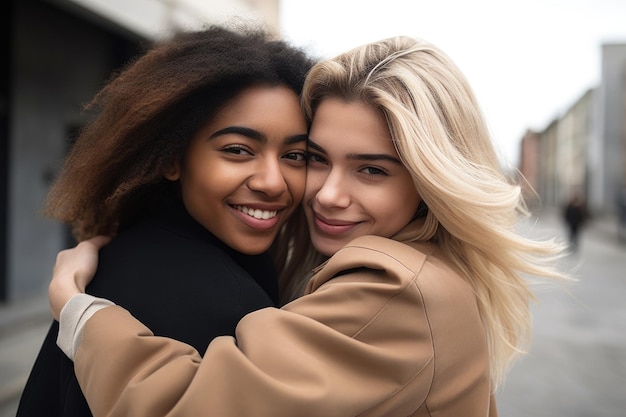 Shot of a young woman giving her friend a hug