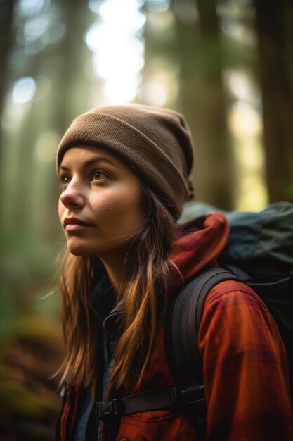 Shot of a young woman going on a hike through the woods