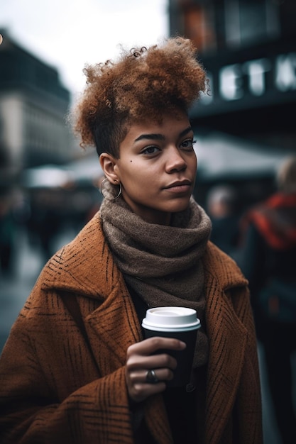 Shot of a young woman having coffee in the city created with generative ai