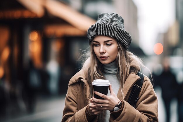 생성 인공 지능으로 만든 휴대폰을 보면서 커피를 마시고 있는 젊은 여성의 사진