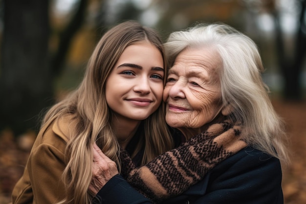 Shot of a young woman and her grandmother hugging each other in the park created with generative ai