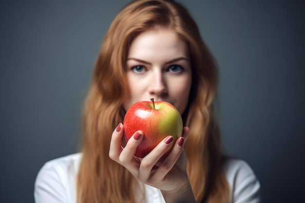 Shot of a young woman holding an apple on a board created with generative ai