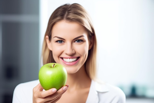 Shot of a young woman holding an apple on a board created with generative ai