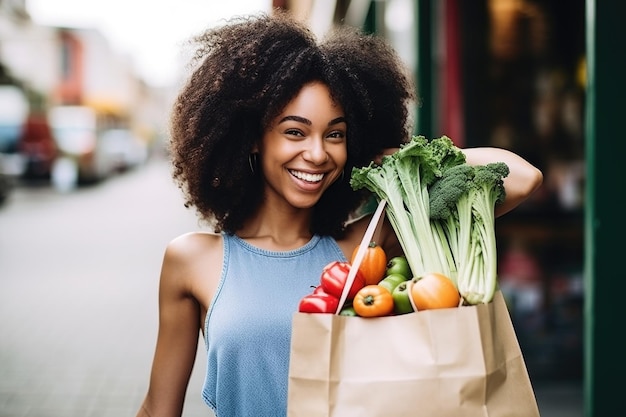 生成 AI で作成された、買ったばかりの健康食品が入った袋を持つ若い女性のショット