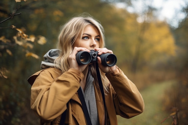 Shot of a young woman holding binoculars while out in nature created with generative ai