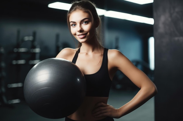 Shot of a young woman holding an exercise ball and looking at the camera created with generative ai