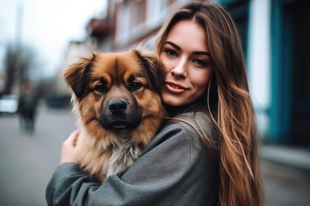 生成 AI で作成された愛らしい犬を抱く若い女性のショット