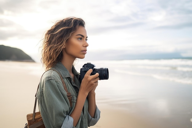 Photo shot of a young woman holding her camera while standing at the beach created with generative ai