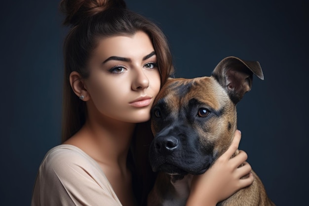 생성 인공 지능으로 만든 스튜디오에서 개를 안고 있는 젊은 여성의 사진
