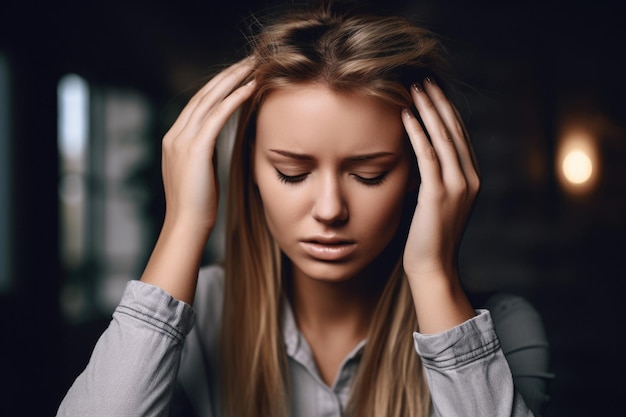 Снимка молодой женщины, держащей голову в боли во время приступа тревоги, созданная с помощью генеративного искусственного интеллекта