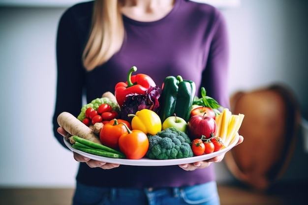 Shot of a young woman holding a plate of fresh fruit and vegetables created with generative ai