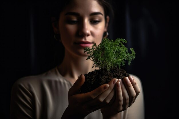 ジェネレーティブAIで作られた土で成長する小さな植物を握っている若い女性のショット