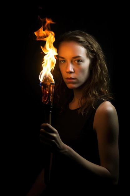 생성 AI로 만들어진 불타는 <unk>을 들고 있는 젊은 여성의 사진