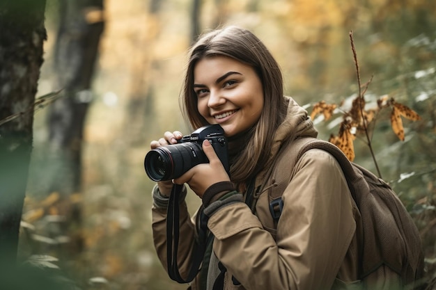 Снимок молодой женщины, держащей камеру и улыбающейся на природе, созданный с помощью генеративного ИИ