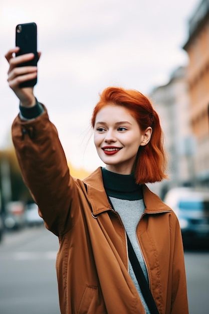 Снимка молодой женщины, поднимающей свой смартфон, чтобы сделать селфи, созданную с помощью генеративного искусственного интеллекта