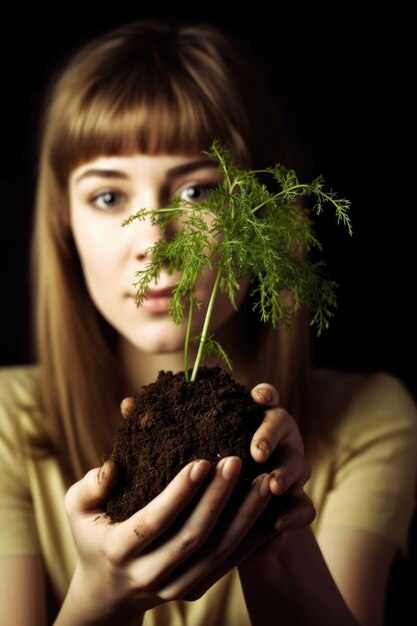 生成 AI で作成された土から生えている植物を持ち上げる若い女性のショット