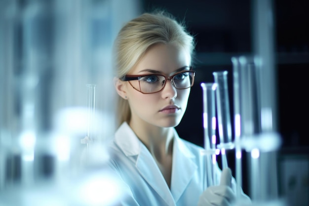 Shot of a young woman holding up test tubes in a lab created with generative ai