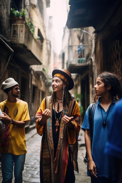 생성 AI로 만든 고객과 함께 문화 여행을 이끄는 젊은 여성의 사진