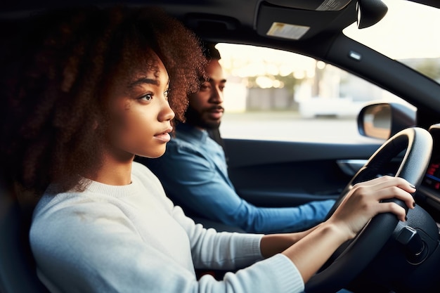 Photo shot of a young woman learning to drive with an instructor created with generative ai