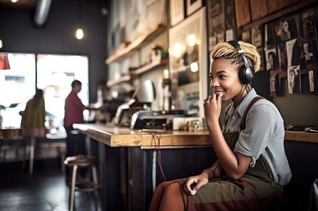 生成 AI で作成された、音楽を聴きながら店内で働く若い女性のショット