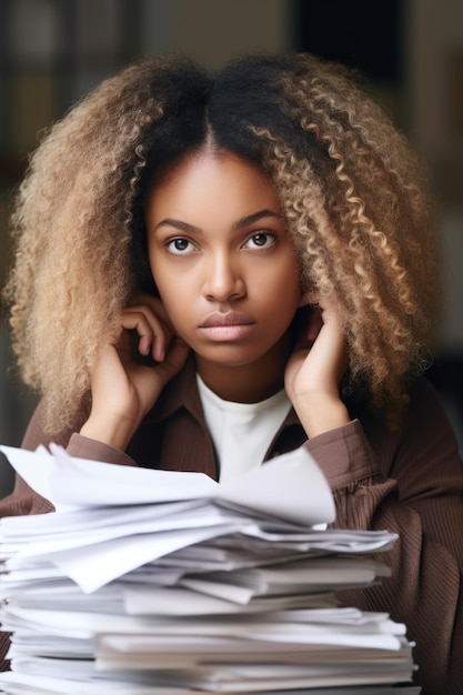 Shot of a young woman looking stressed out while holding paperwork