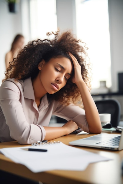 Photo shot of a young woman looking stressed out while working in class created with generative ai