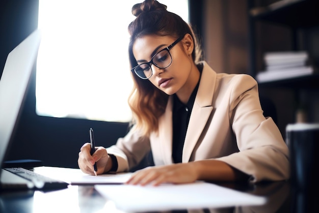 Shot of a young woman making notes during work at a desk created with generative ai