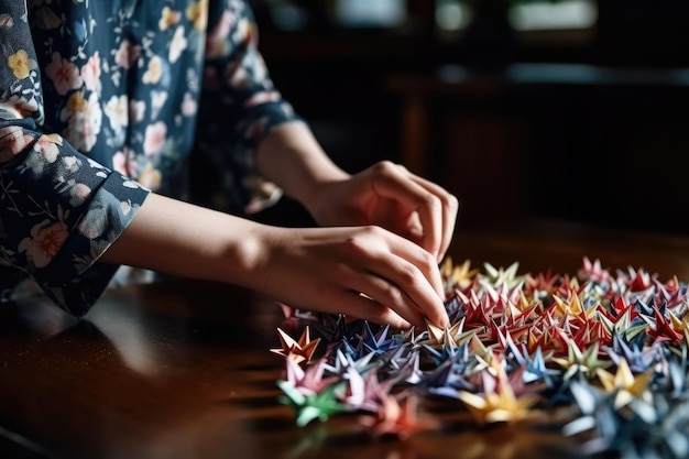 Shot of a young woman making origami paper cranes created with generative ai