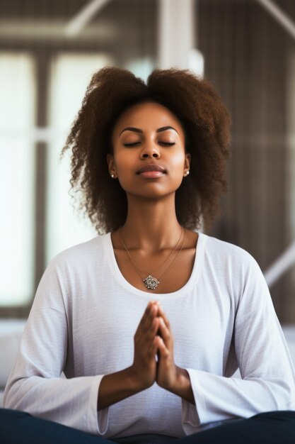 Shot of a young woman meditating at home