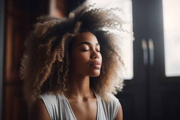 Shot of a young woman meditating in the lotus position at her home created with generative ai